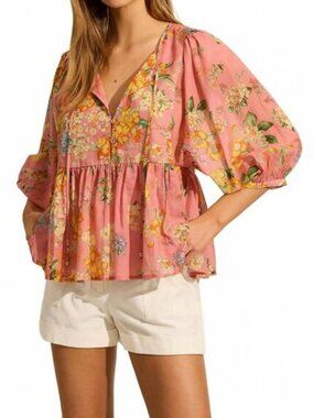 Auguste The Label Pink Floral Peasant Top
